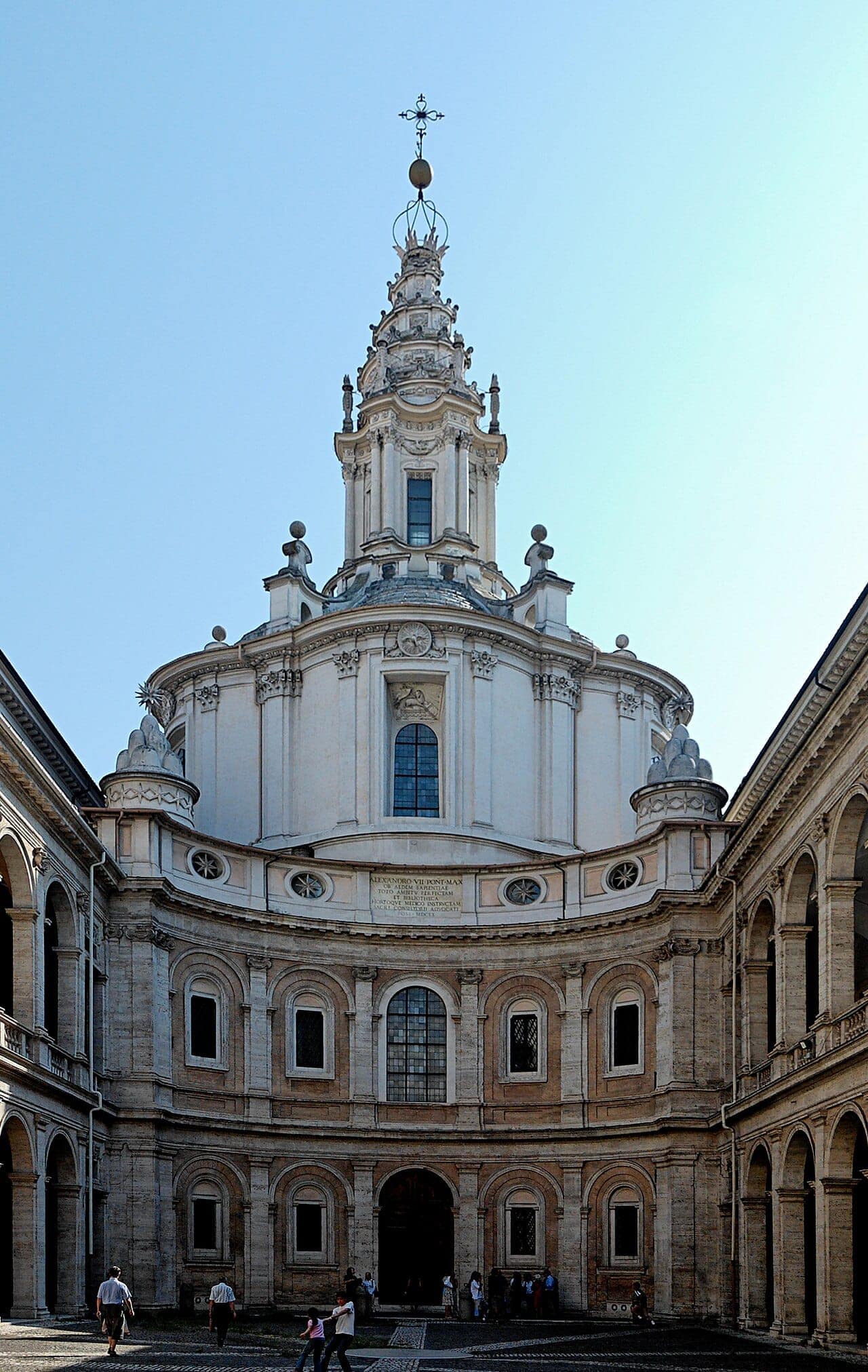 Courtyard view of Sant Ivo alla Sapienza and its lantern in Rome.