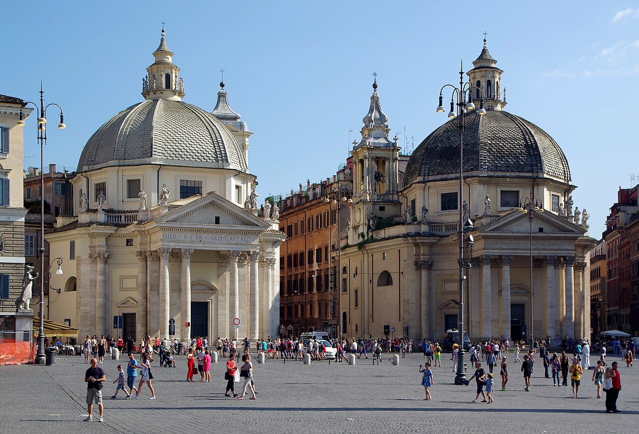Twin churches of Santa Maria dei Miracoli and Santa Maria in Montesanto at Piazza del Popolo in Rome.
